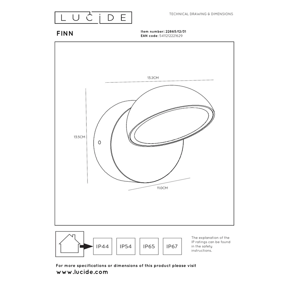 Design wandlamp Finn met sensor wit Lucide 5411212221629