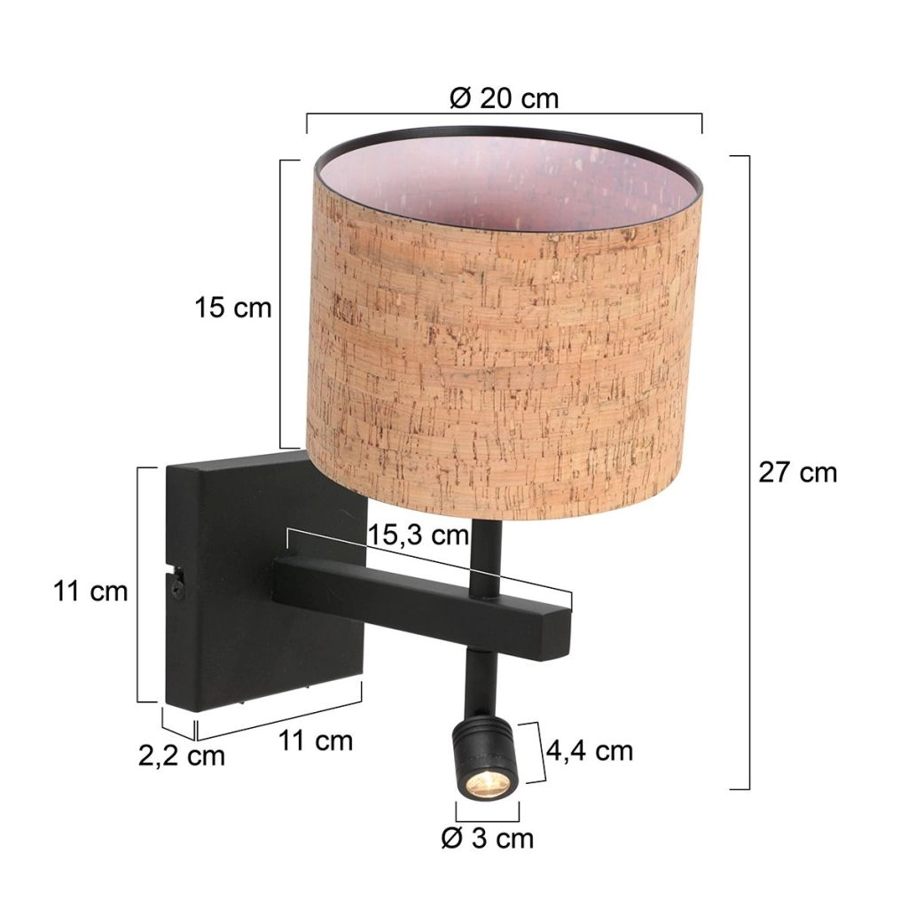 Zwart bedlampje Stang met kurk kapje Ø20cm Steinhauer 8712746180534