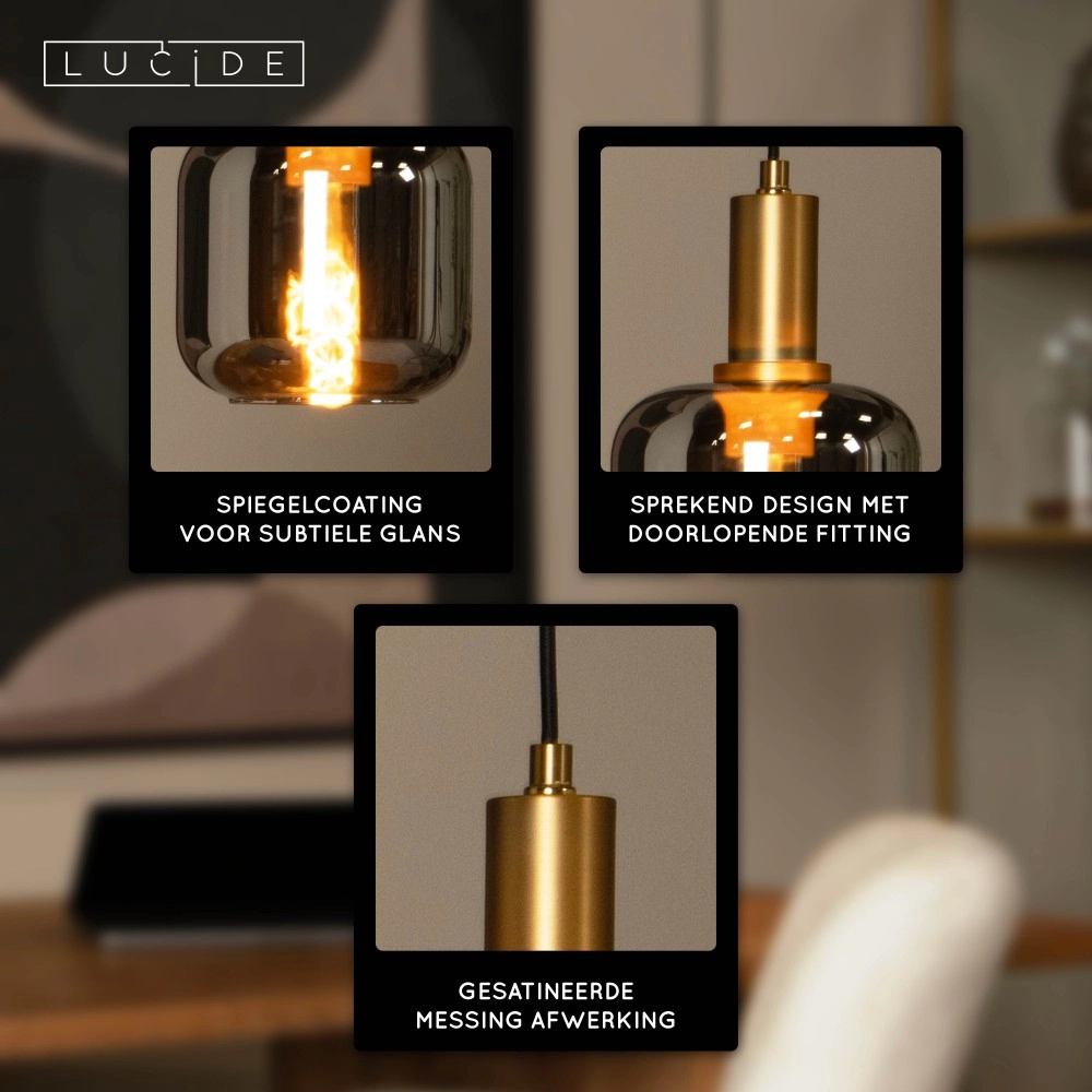 Hanglamp Joanet Ø 16cm goud met smoke glas Lucide 5411212452641