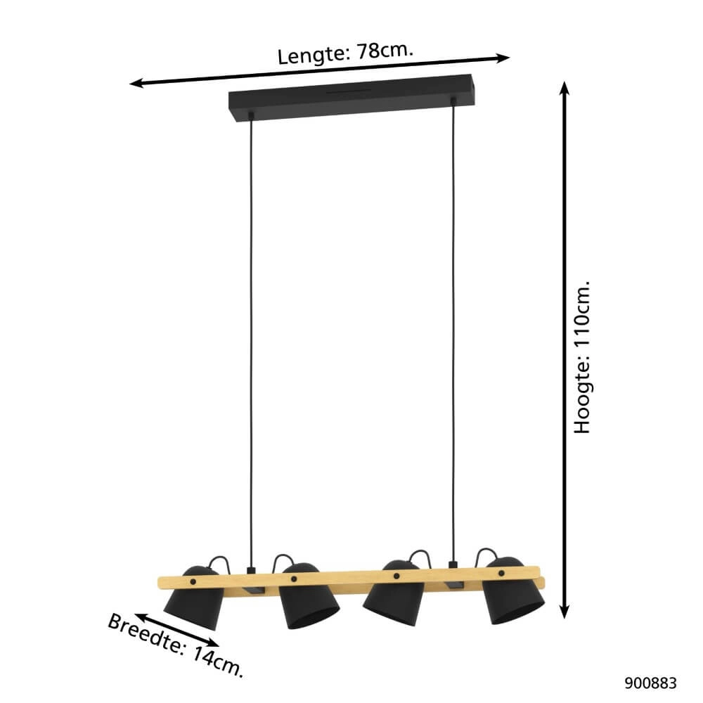 4-lichts hanglamp Hornwood-Z zwart met hout Eglo 9008606274291