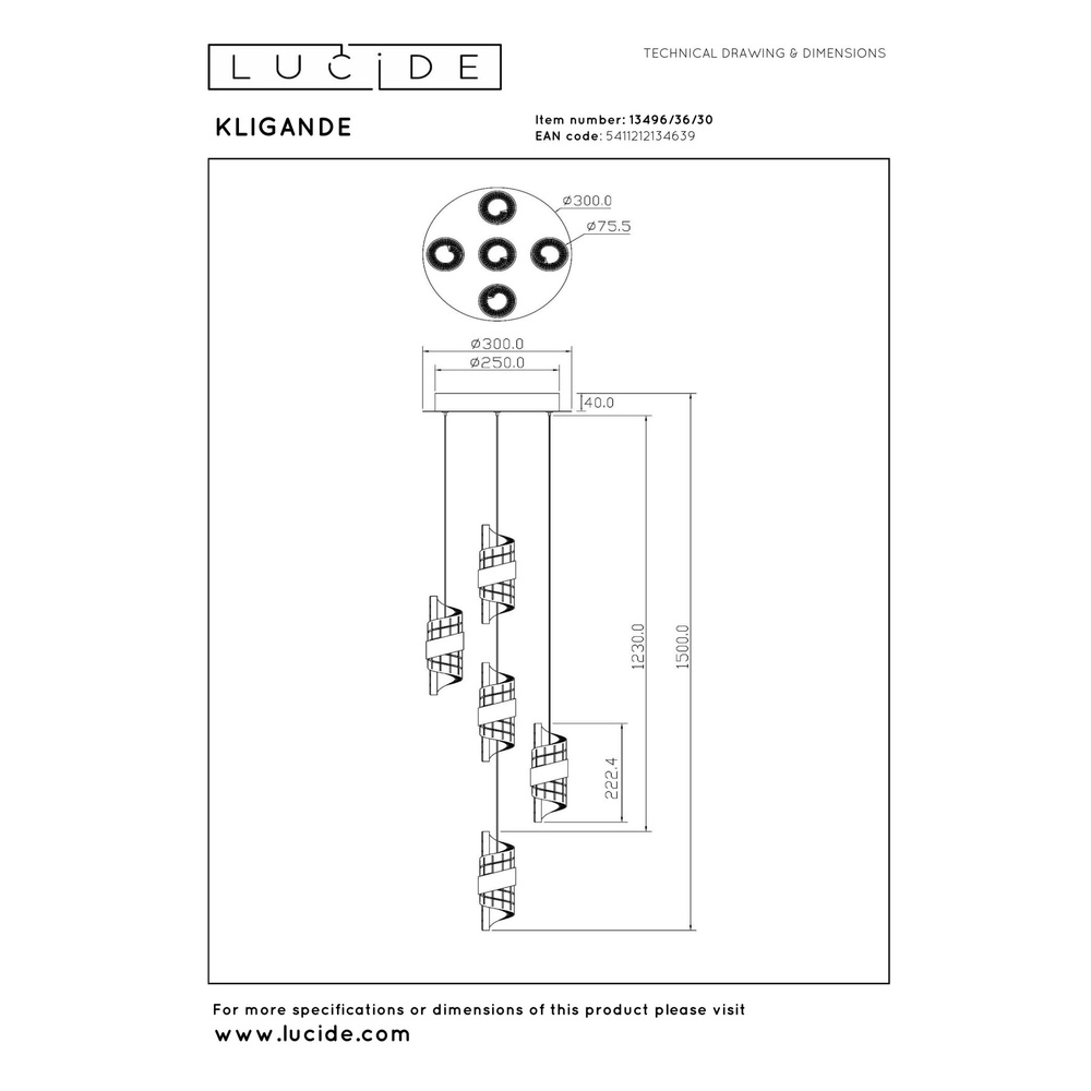 Design hanglamp Kligande 5-lichts zwart rond Lucide 5411212134639
