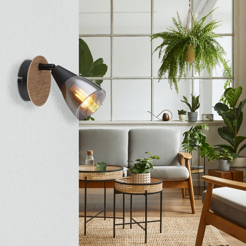 Wandlamp Mubby zwart met houtlook Globo 9007371457854