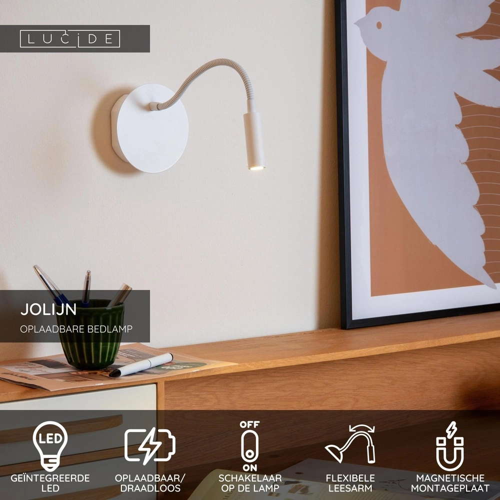 Oplaadbare wandlamp Jolijn bedlampje wit Lucide 5411212771391
