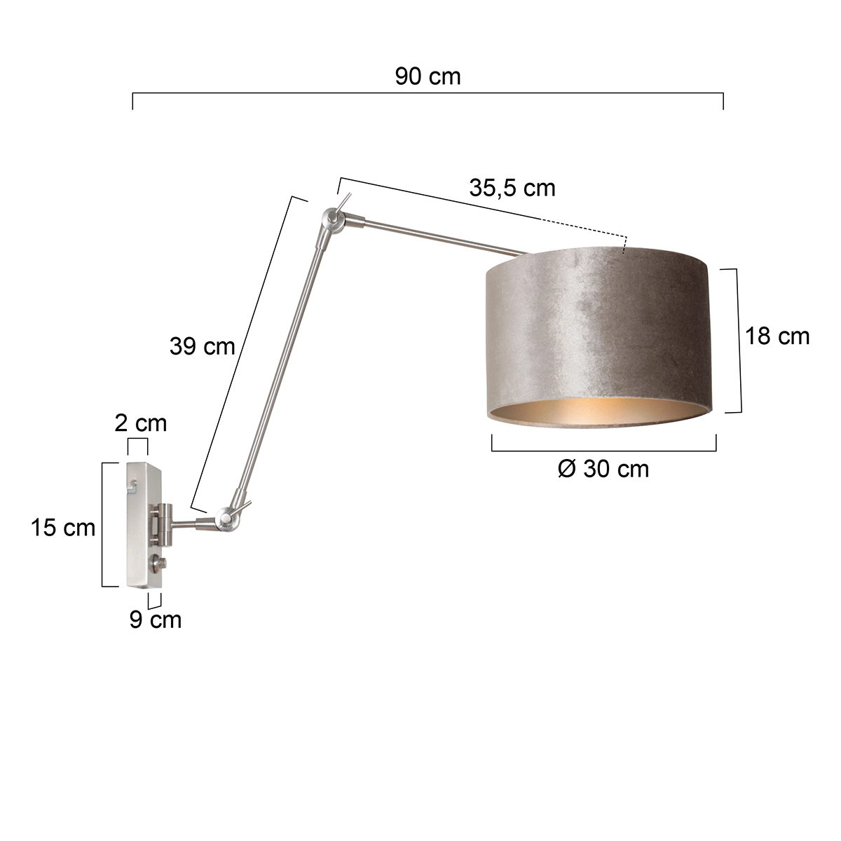 Wand Leeslamp Prestige Chic RVS met 30cm taupe velourse kap Steinhauer 8712746145809