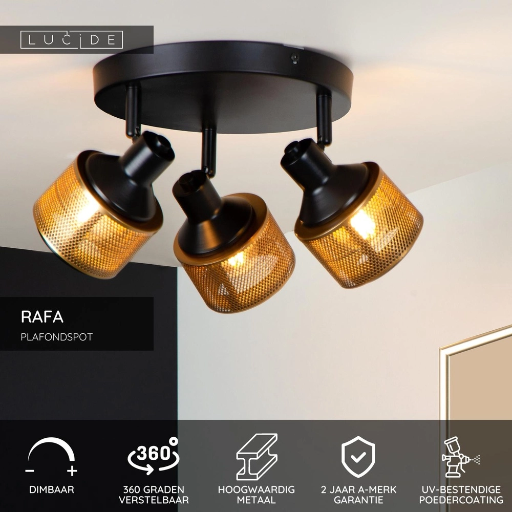 Plafondlamp Rafa 3-lichts zwart met koper Lucide 5411212771315