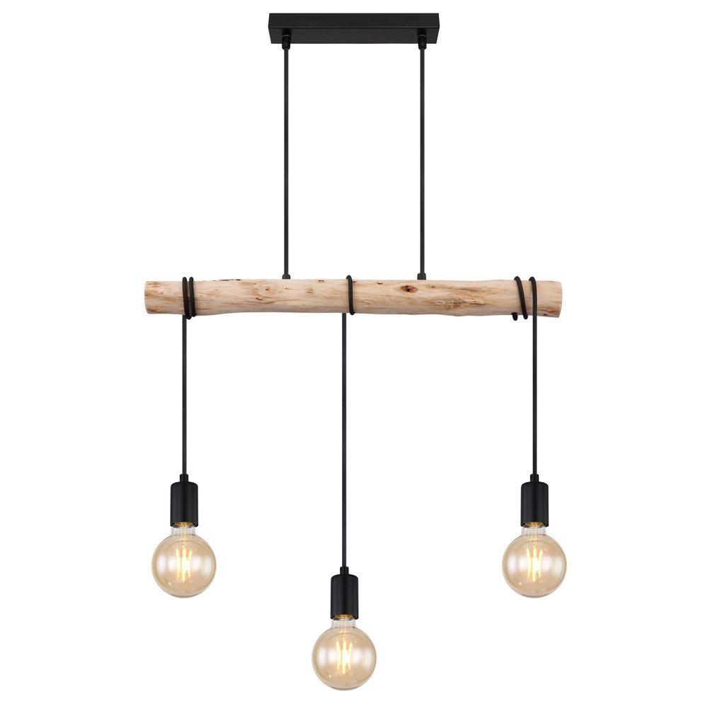 3-lichts eettafel hanglamp Gregor zwart met hout Globo 9007371436330