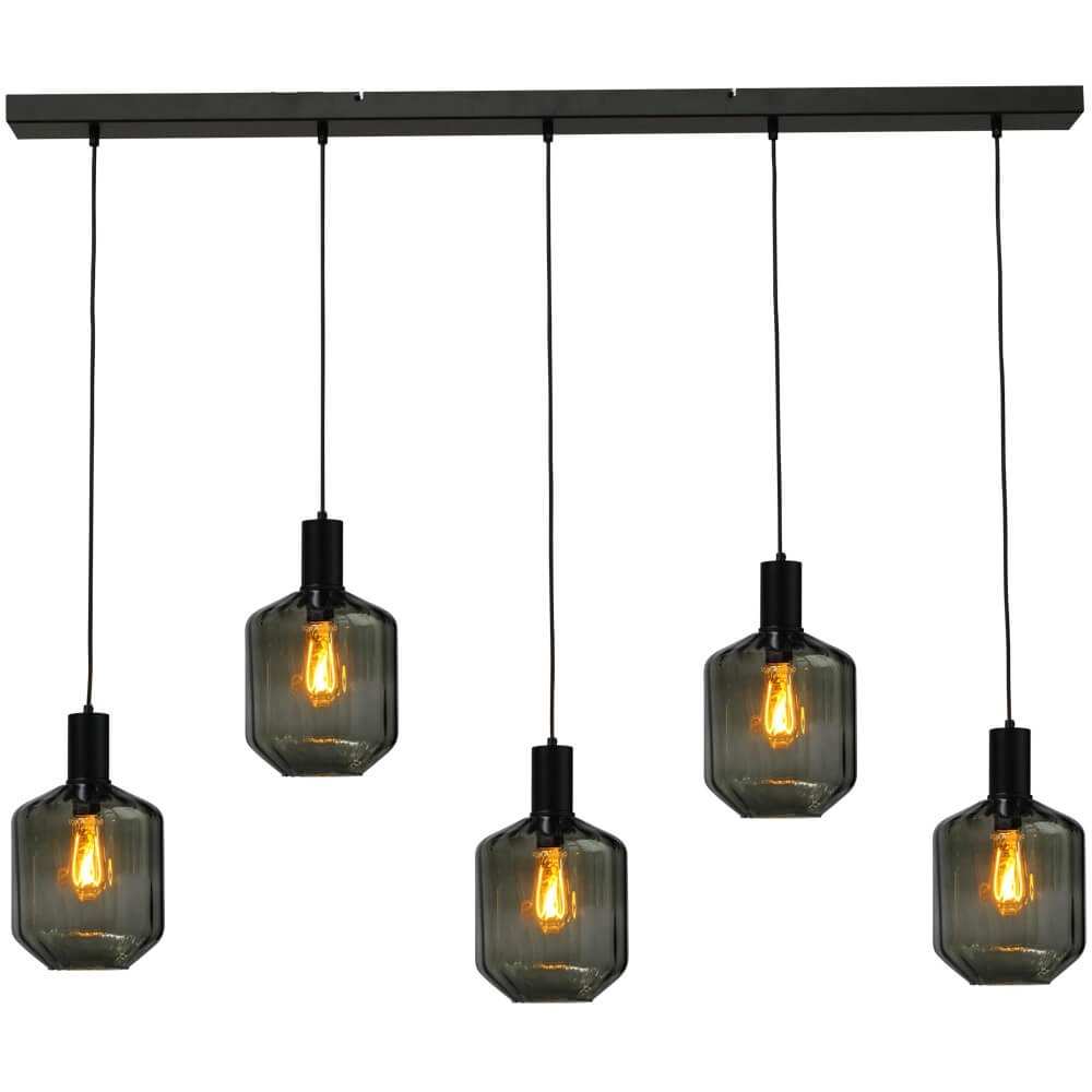 5-lichts hanglamp - zwart - Porto met Jagger green glazen 5-lichts hanglamp - zwart - Porto met Jagger green glazen