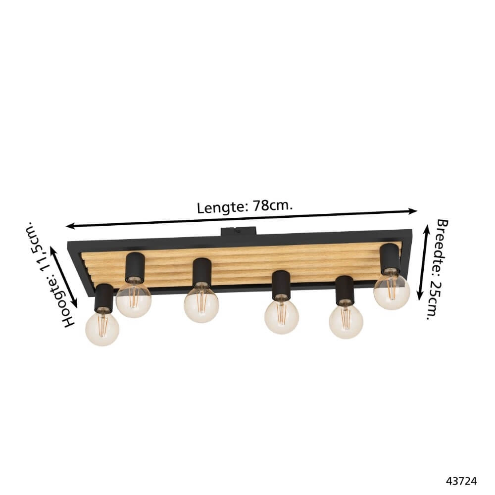 6-lichts plafondlamp Consett zwart met hout Eglo 9002759437244