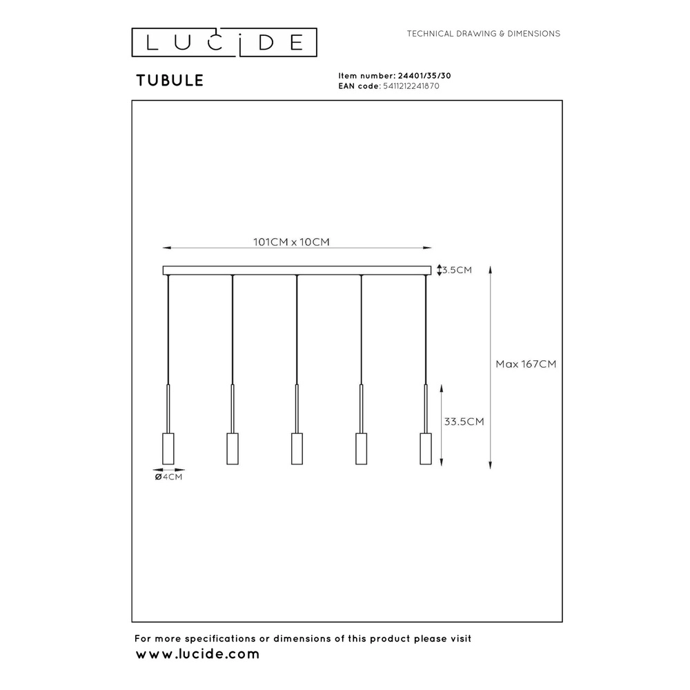 5-lichts design hanglamp Tubule zwart Lucide 5411212241870
