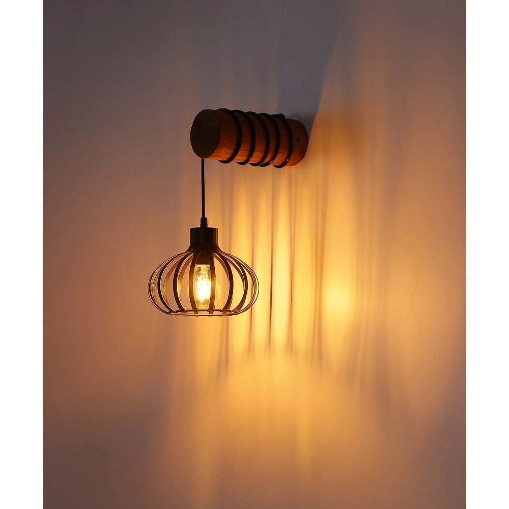 Landelijke wandlamp Caldwell zwart met hout Globo 9007371592586