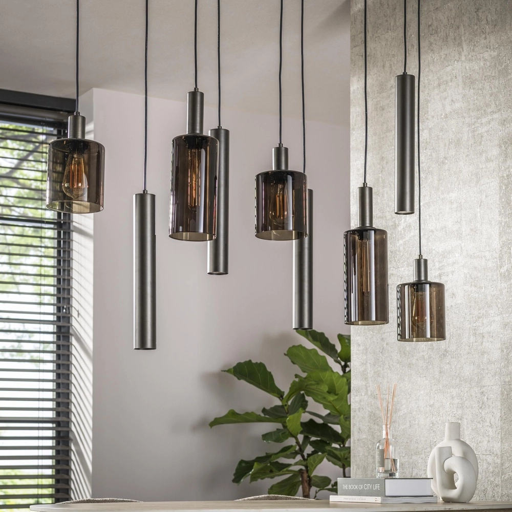 Eettafel hanglamp Sepiora Sienna bruin - donker glas - met pendels Lyora 8716803513464