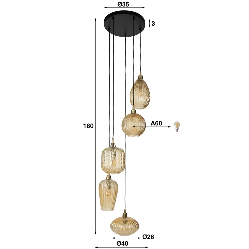 Eetkamer hanglamp V-Shape 5-lichts - geribbeld glas Lyora 8716803511156