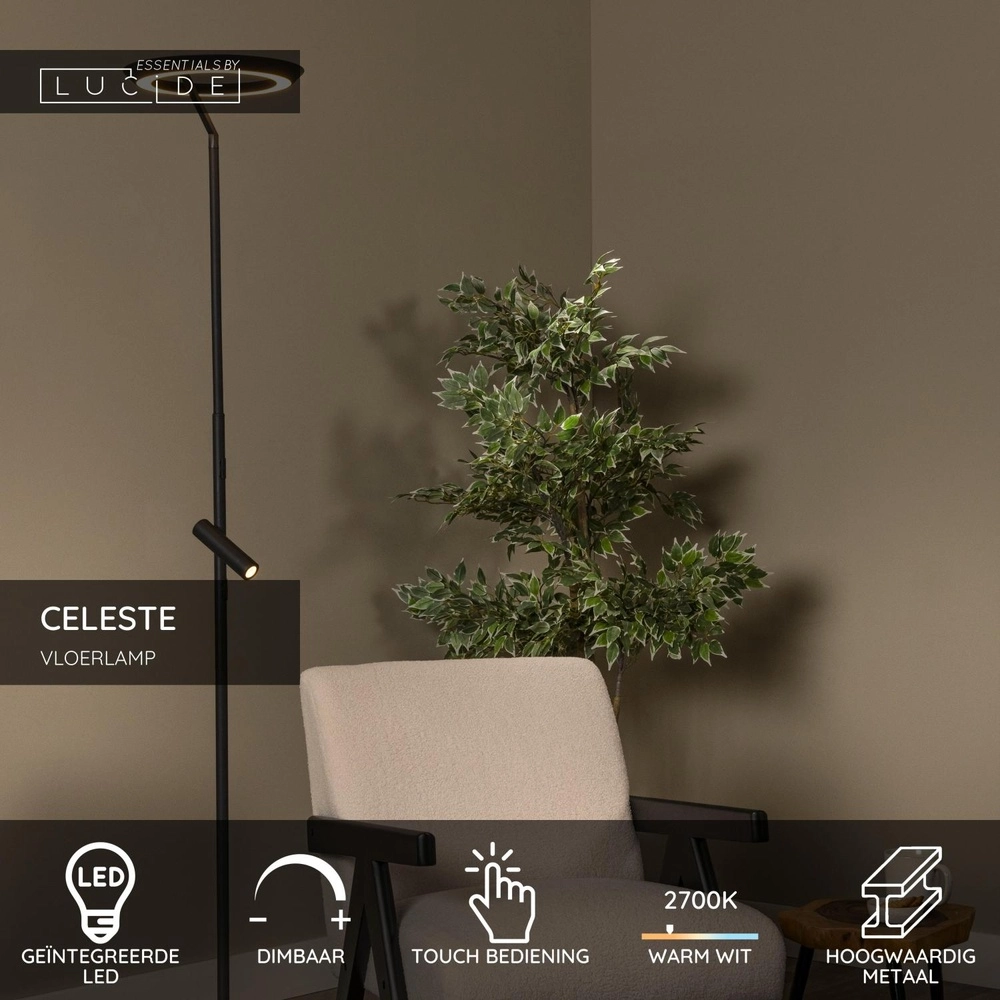 Design vloerlamp Celeste zwart Ø 28cm met leeslampje Lucide 5411212032263