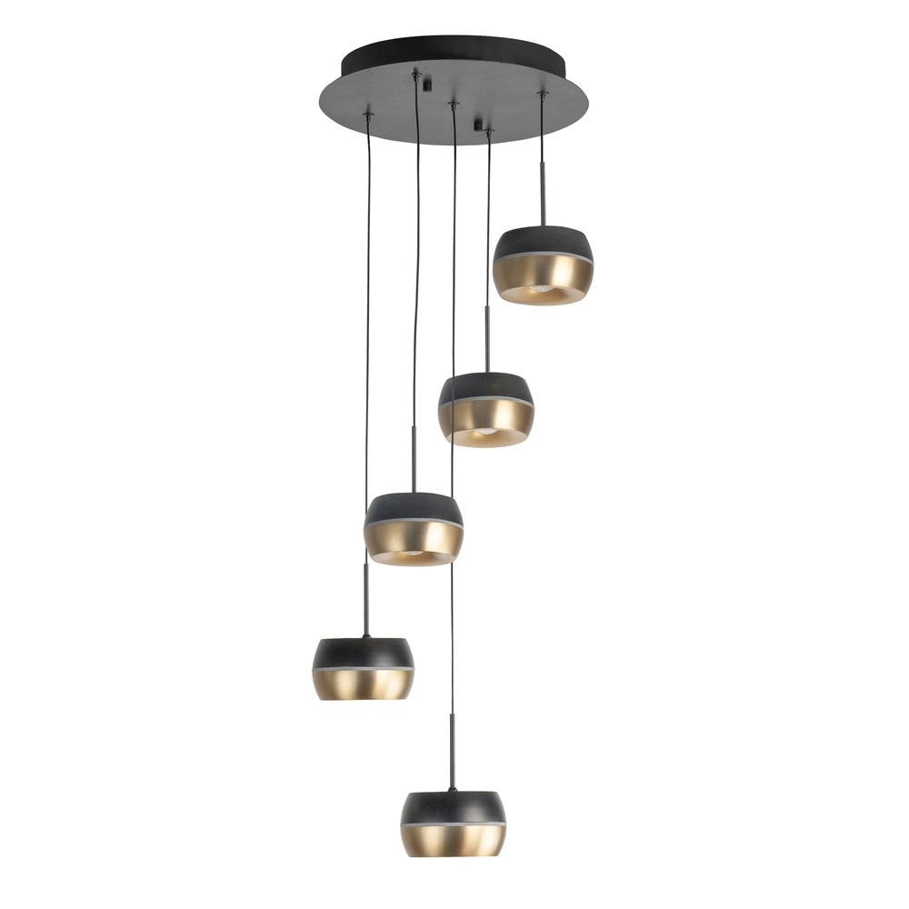 5-lichts hanglamp Nova rond zwart met goud 5-lichts hanglamp Nova rond zwart met goud