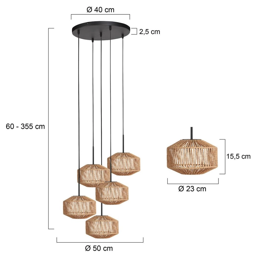 5-lichts hanglamp Ropex met rotan kappen Steinhauer 8712746183191