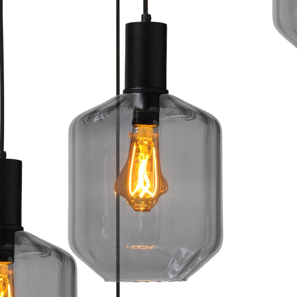 5-lichts vide hanglamp - zwart - Porto met Jagger smoke glazen Masterlight 8718121271149