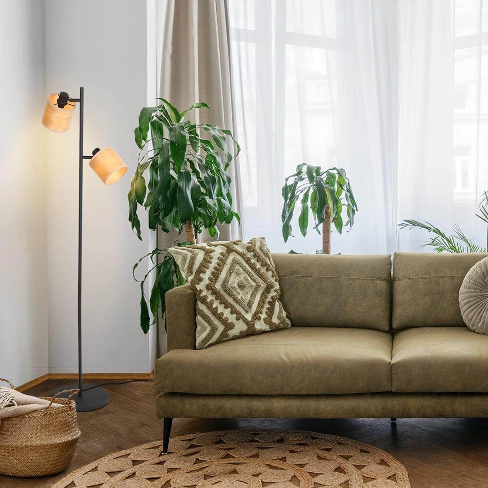 Vloerlamp Bambus zwart met bamboe 2-lichts Steinhauer 8712746171457