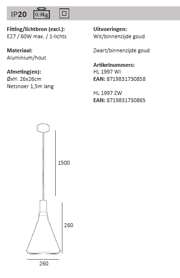 Hanglamp Cornet Ø 26cm Artdelight 8719831730865