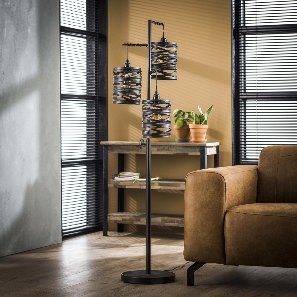 Landelijke vloerlamp Spindle 3x E27 - Slate grey Lyora 8716803513037