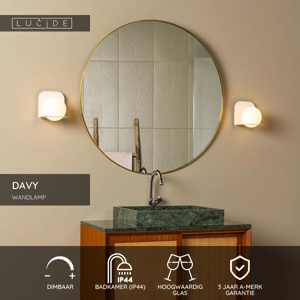 Design wandlamp Davy wit geschikt voor badkamer Lucide 5411212040565