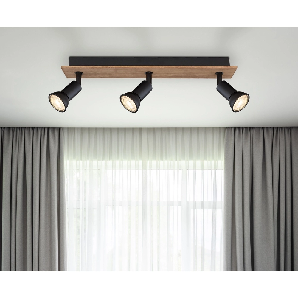 Plafondspot Drew zwart met hout 3-lichts Globo 9007371433780