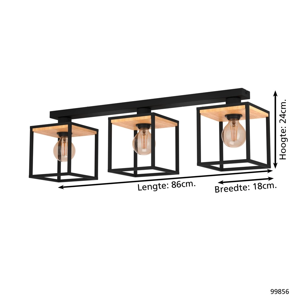 3-lichts plafondlamp Libertad zwart met hout Eglo 9002759998561