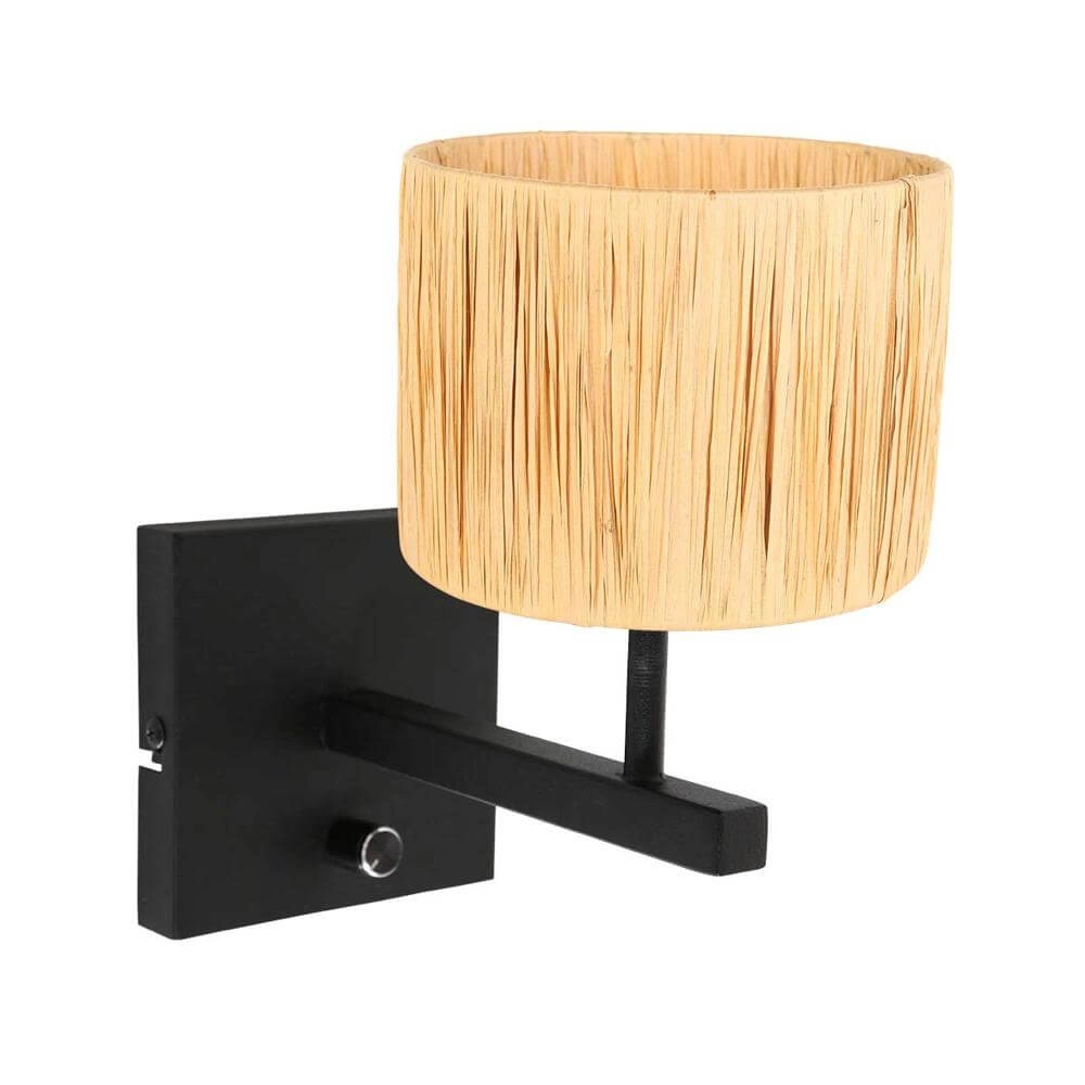 Wandlamp Stang met dimmer zwart en stro kapje Wandlamp Stang met dimmer zwart en stro kapje