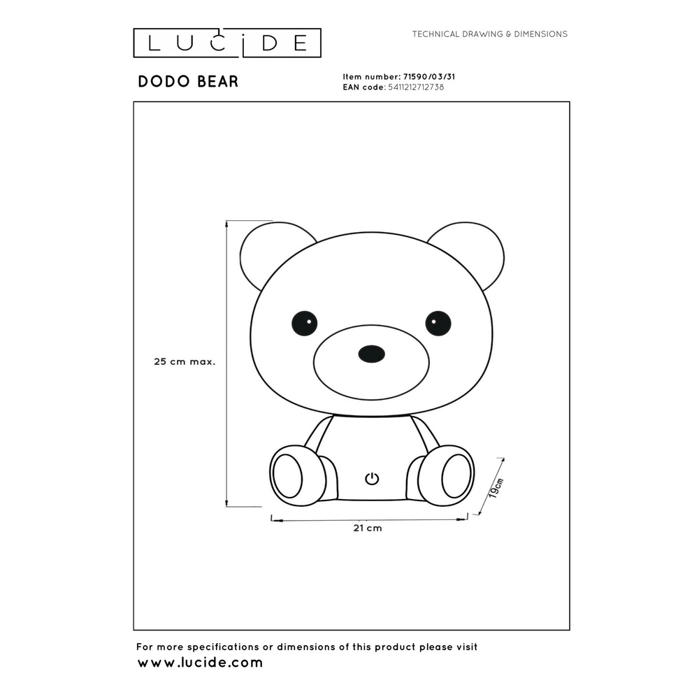 Nachtlampje Dodo Bear kinderkamer wit Lucide 5411212712738