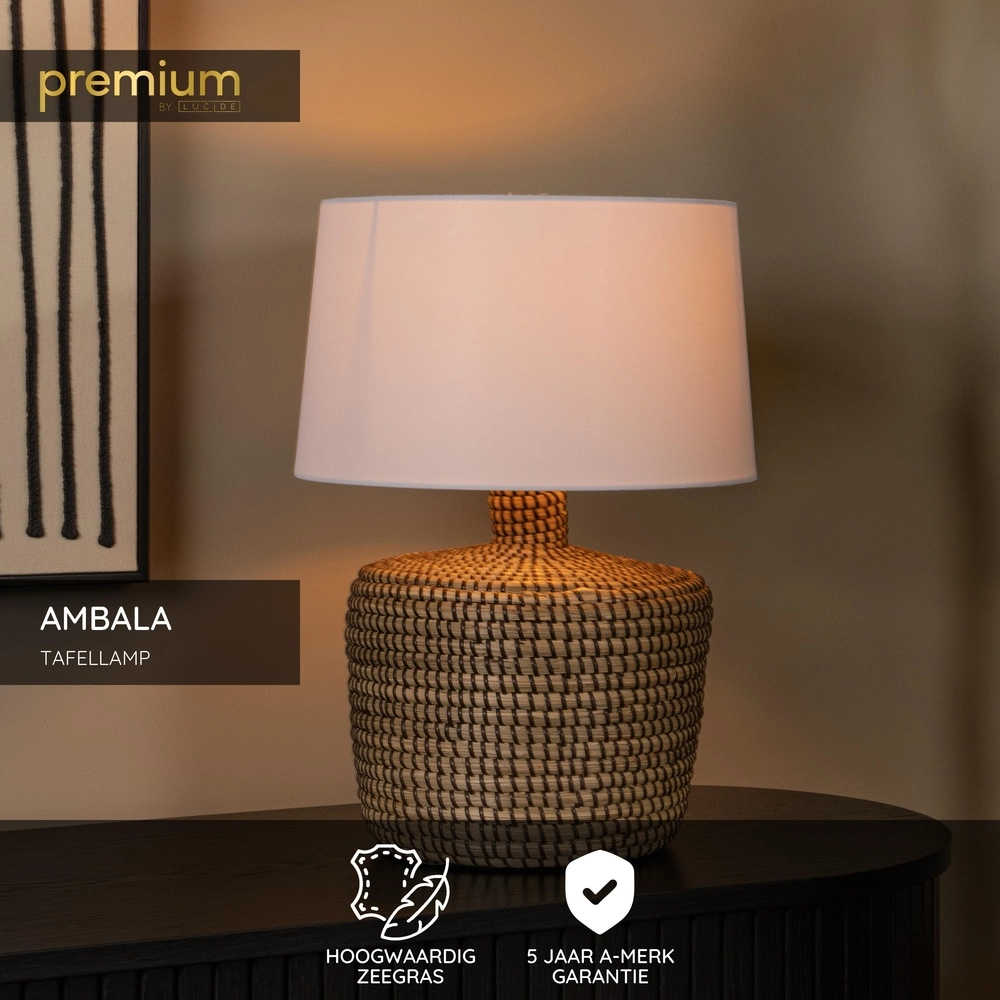 Zeegras schemerlamp Ambala Ø 35cm - bruin met witte kap Premium by Lucide 5411212106100