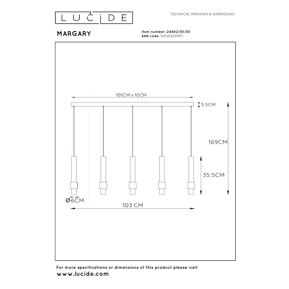 Strakke hanglamp Margary 5-lichts zwart Lucide 5411212241917