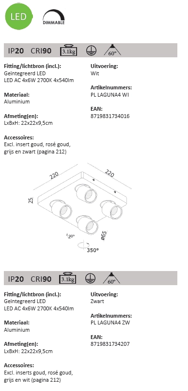 4-lichts opbouwspot Laguna led zwart Artdelight 8719831734207