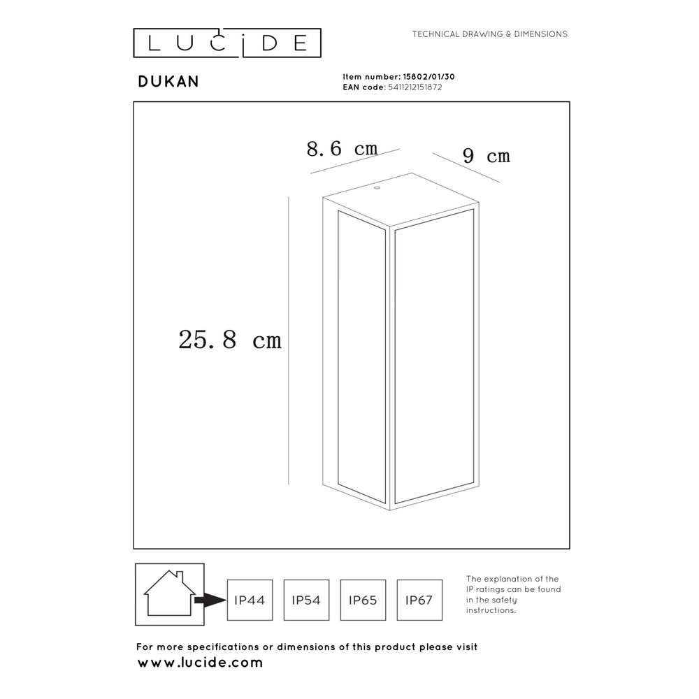 Design wandlamp Dukan IP65 zwart enkel Lucide 5411212151872