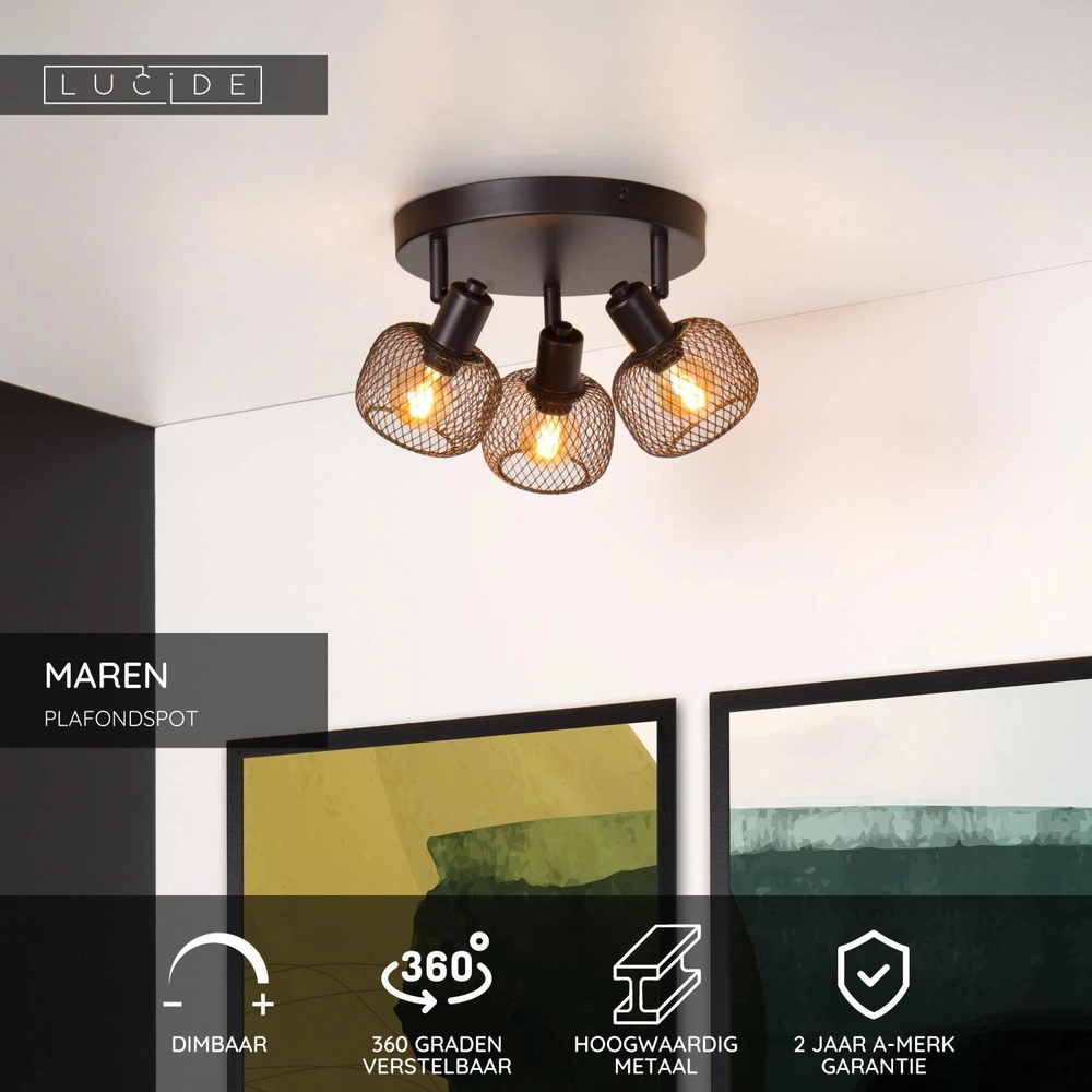 Plafondlampje Maren 3-lichts zwart Lucide 5411212771131