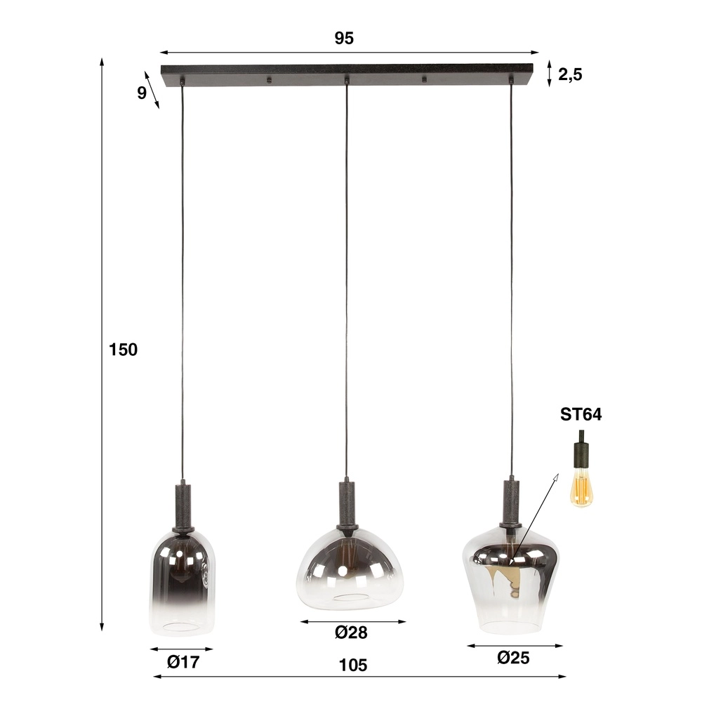 Glazen eettafellamp Zenith 3x smoke glas Lyora 8716803511026