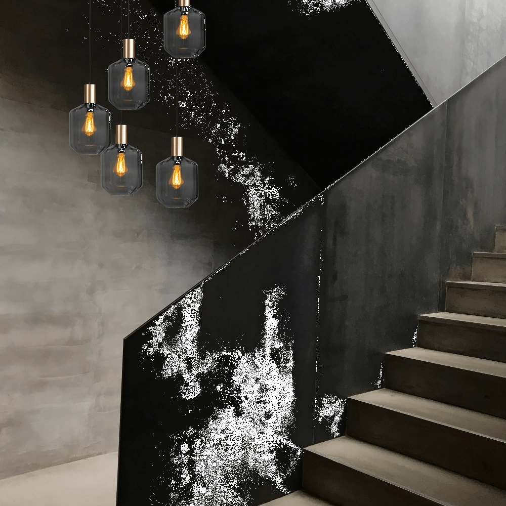 5-lichts vide hanglamp - goud - Porto met Jagger smoke glazen Masterlight 8718121271156