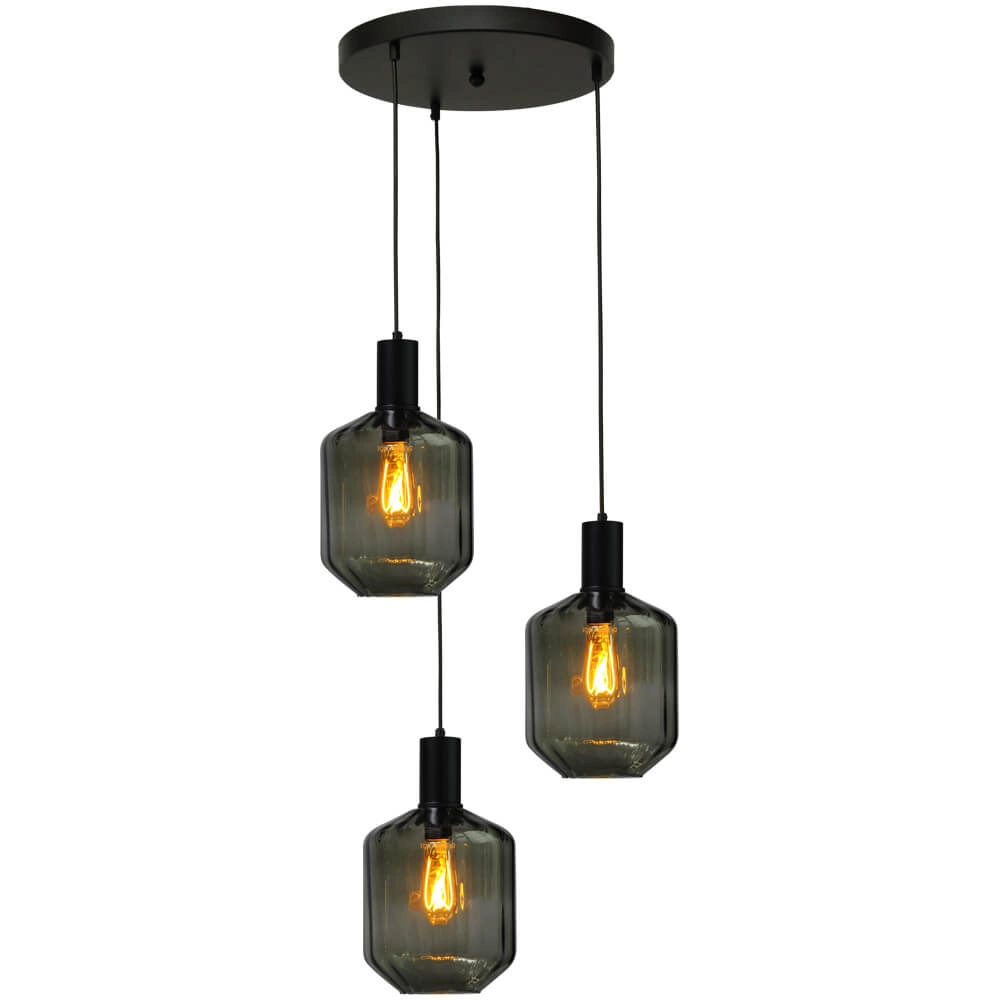 3-lichts vide hanglamp - zwart - Porto met Jagger green glazen