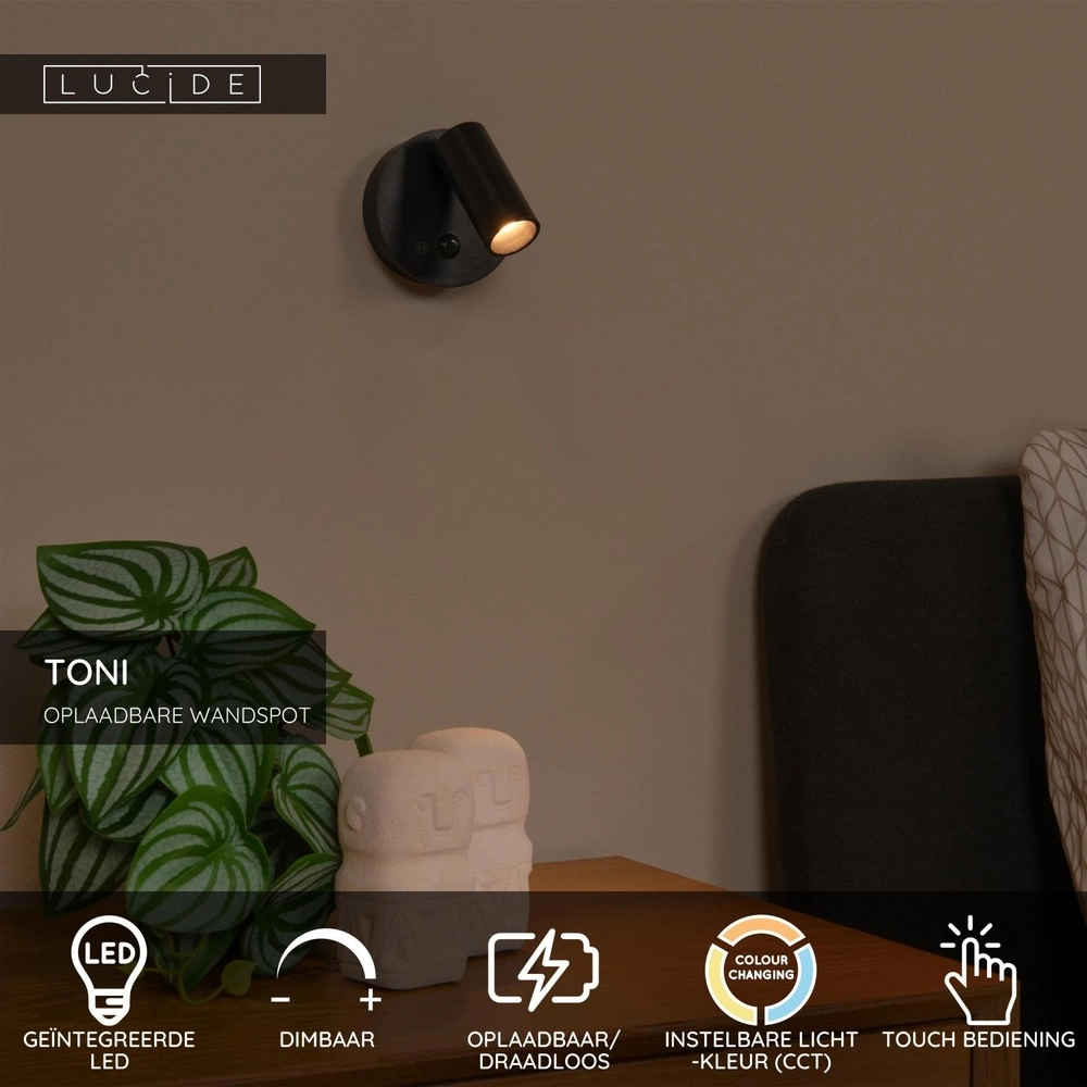 Oplaadbare wandlamp met sensor Toni magnetisch zwart Lucide 5411212290571
