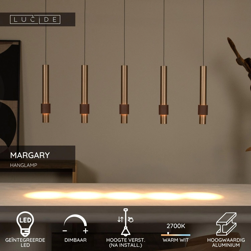 Strakke hanglamp Margary 5-lichts koffie bruin Lucide 5411212241900