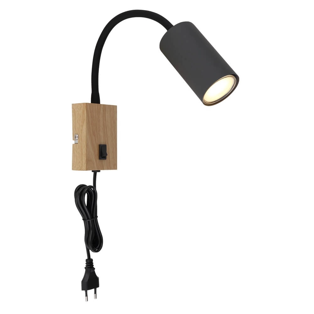 Zwarte wandlamp Robby met hout