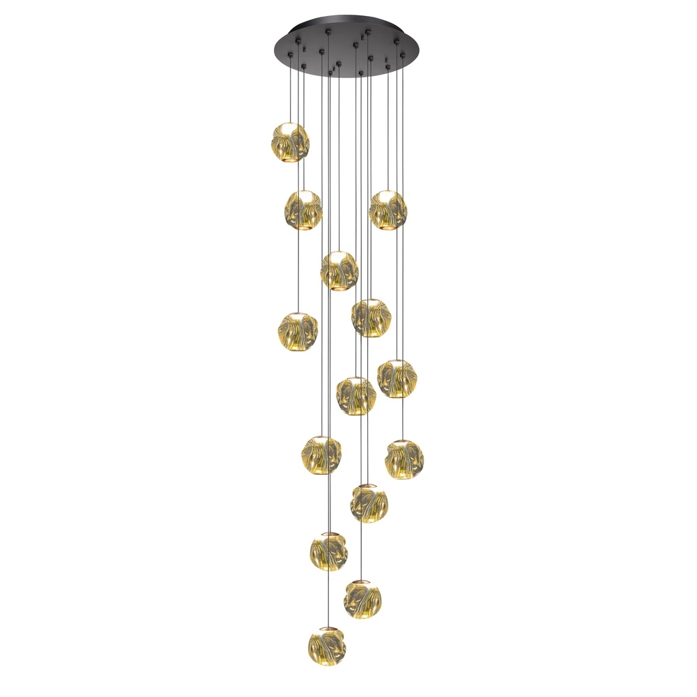 Hanglamp Melina zwart met amber glas 14-lichts