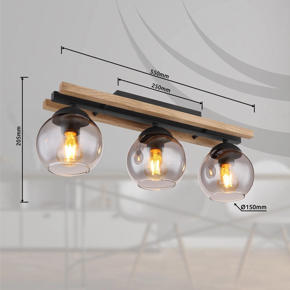 3-lichts plafondlamp Conni zwart met hout Globo 9007371448739