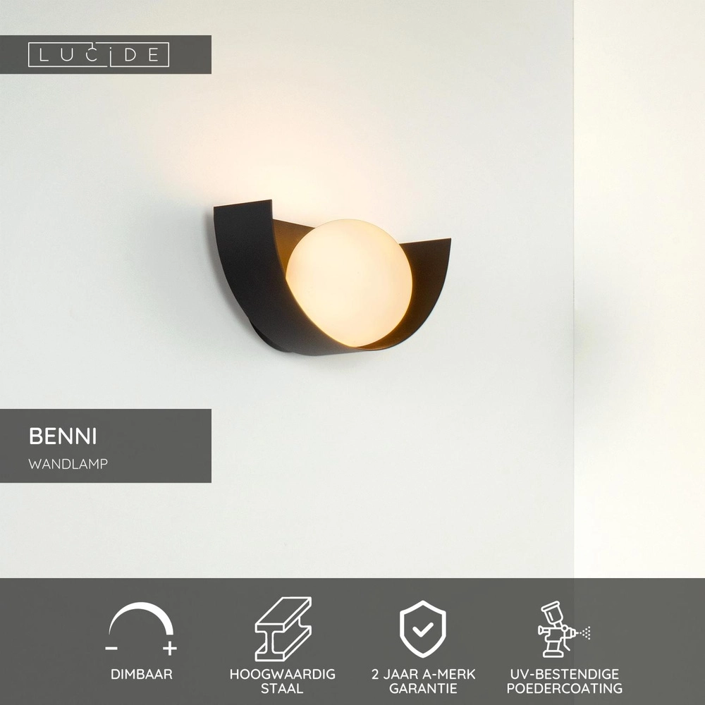 Design wandlamp Benni zwart Lucide 5411212451835