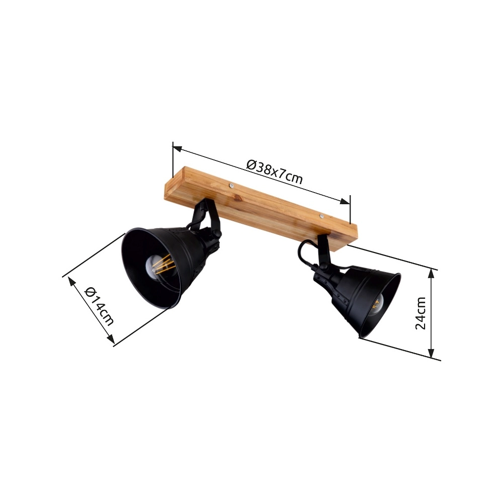 Landelijke plafondlamp Günther 2-lichts zwart met hout Globo 9007371401734