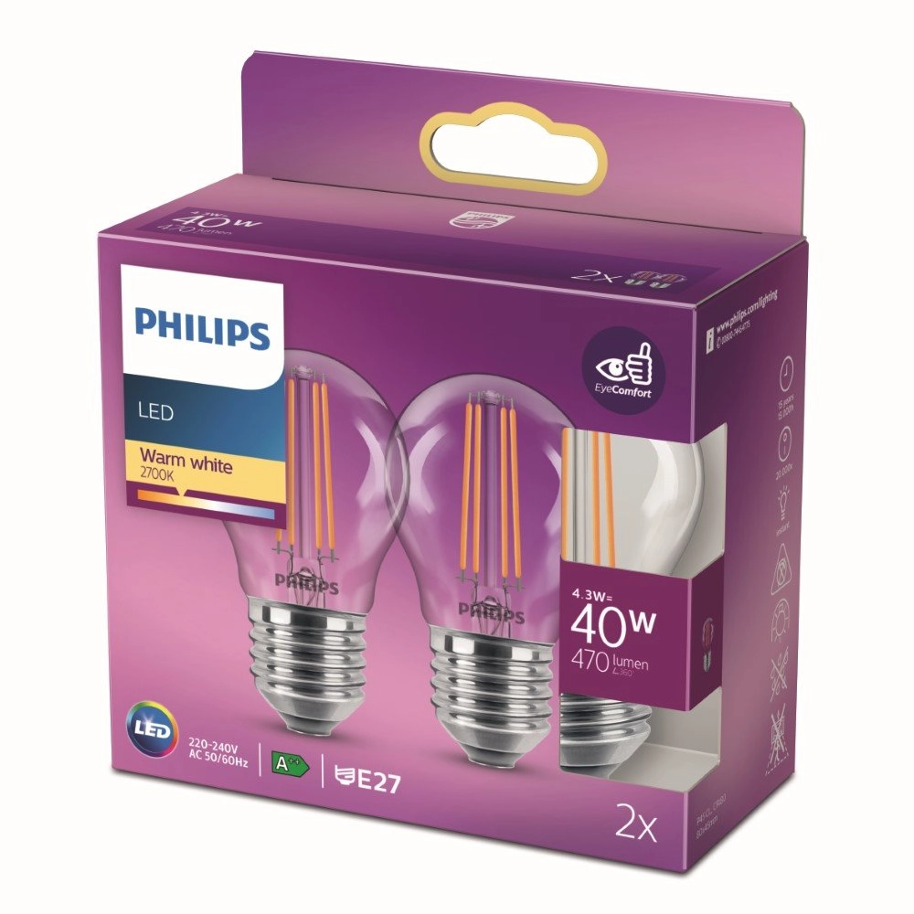 Lichtbron kogel 4,3W - E27 - 2700K - 470 lumen set van 2 transparant Lichtbron kogel 4,3W - E27 - 2700K - 470 lumen set van 2 transparant