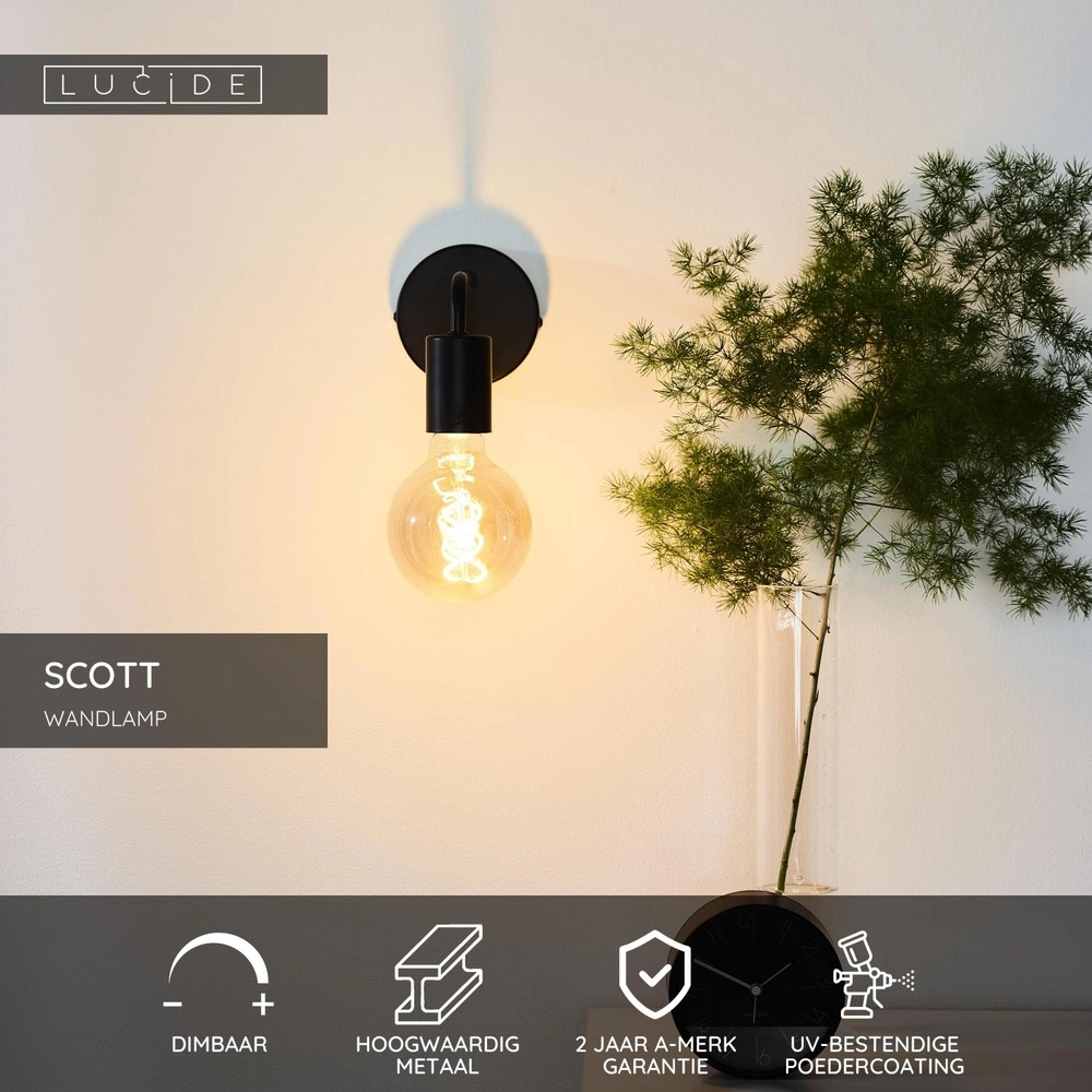 Zwarte wandlamp Scott design Lucide 5411212450654