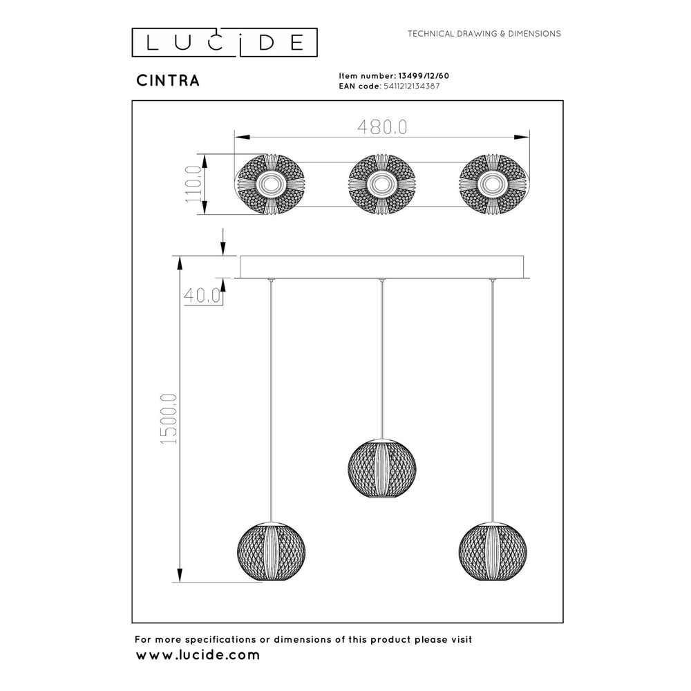 Gouden hanglamp Cintra 3-lichts Lucide 5411212134387