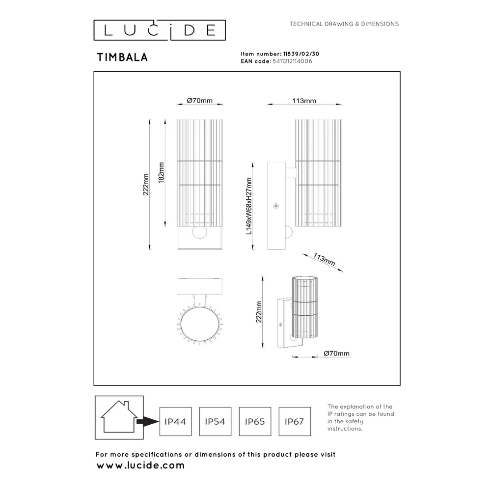 Zwarte wandlamp Timbala dubbel met sensor Lucide 5411212114006