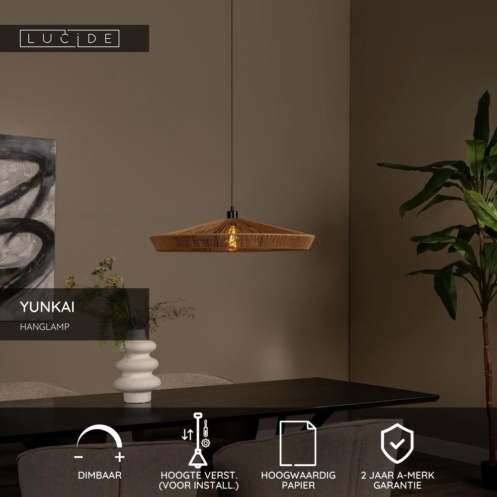 Hanglamp Yunkai Ø 70cm zwart met rotan Lucide 5411212105707