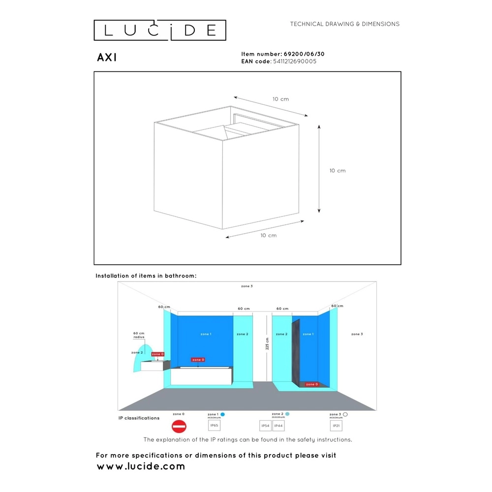 Vierkante wandspot Axi 2 x 7W IP54 zwart Lucide 5411212690005
