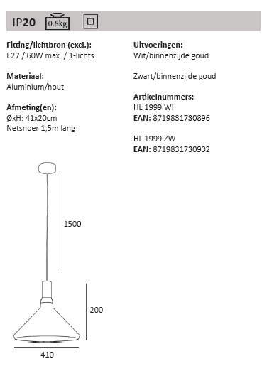 Strakke hanglamp Cornet Ø 41cm zwart met hout Artdelight 8719831730902
